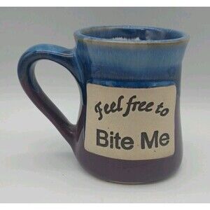 Tumbleweed Pottery Mug Feel Free To Bite Me Stoneware Blue Drip Purple Glaze